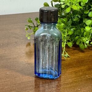 Antique Light Blue Glass Ribbed Poison Bottle with Glass Dropper Cap 1 oz.